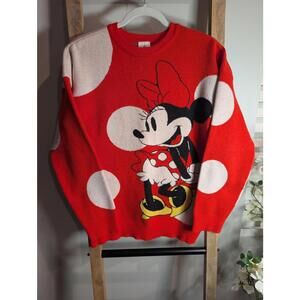 Disney Women's Minnie Mouse Retro Knit Sweater Size Medium Polka Dot Red White